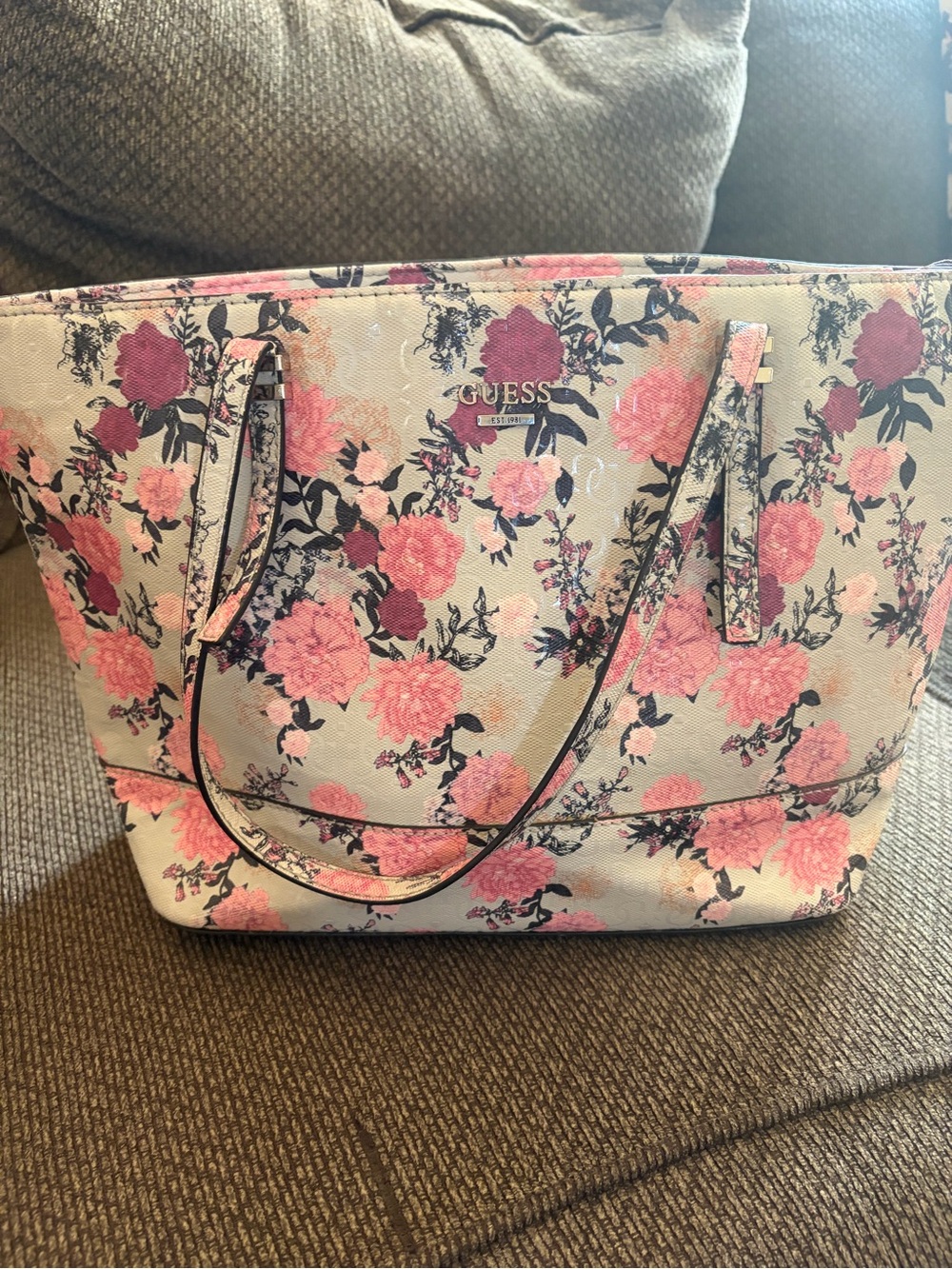 GUESS Pink Floral Purse with Tan Background